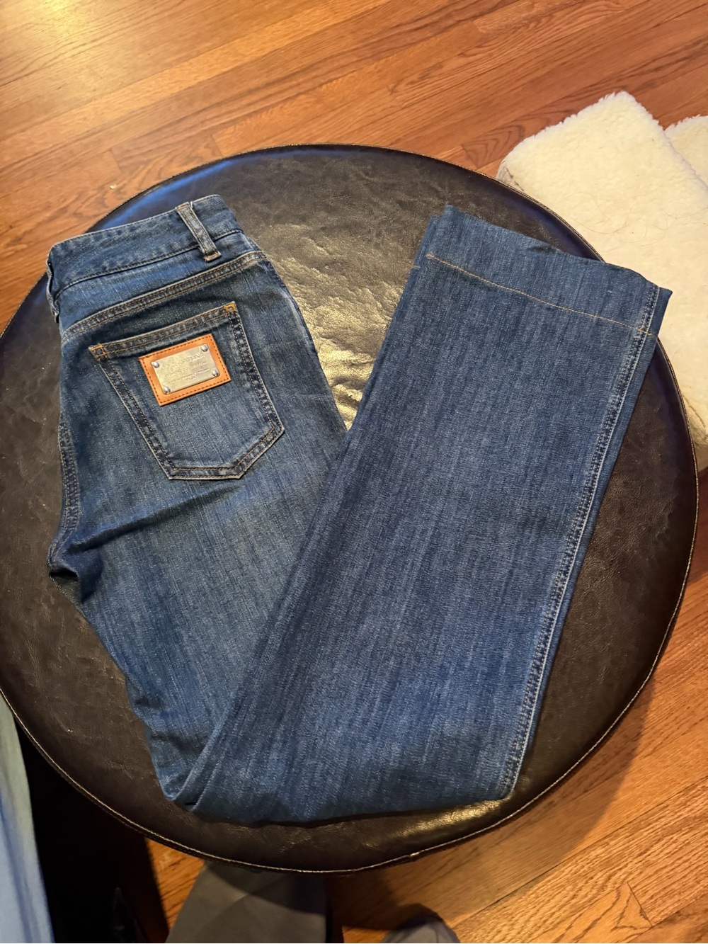 Dolce & Gabbana Blue Denim Jeans with Tan Leather Logo Patch
